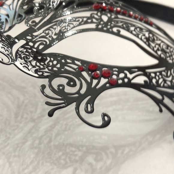 Black Metal Masquerade Mask with Red Rhinestones Handmade - Picture 11 of 17